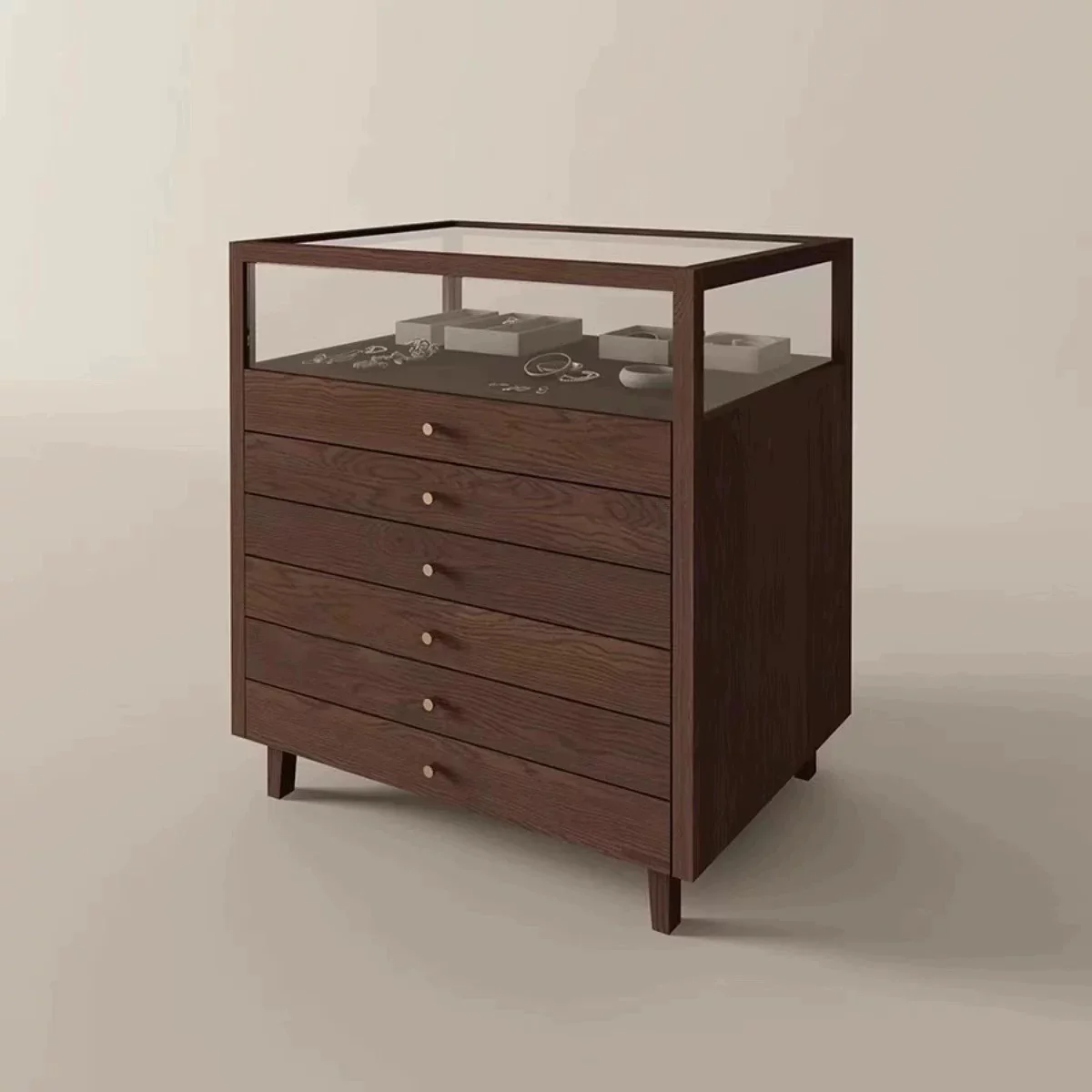 Wood Brown 6-Drawer Display Cabinet with Storage