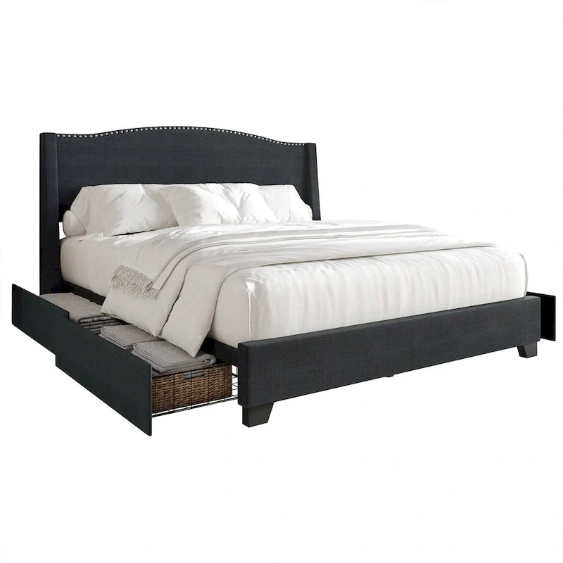 Elegant Chrome Nailhead Wingback Upholstered Bed with Drawers