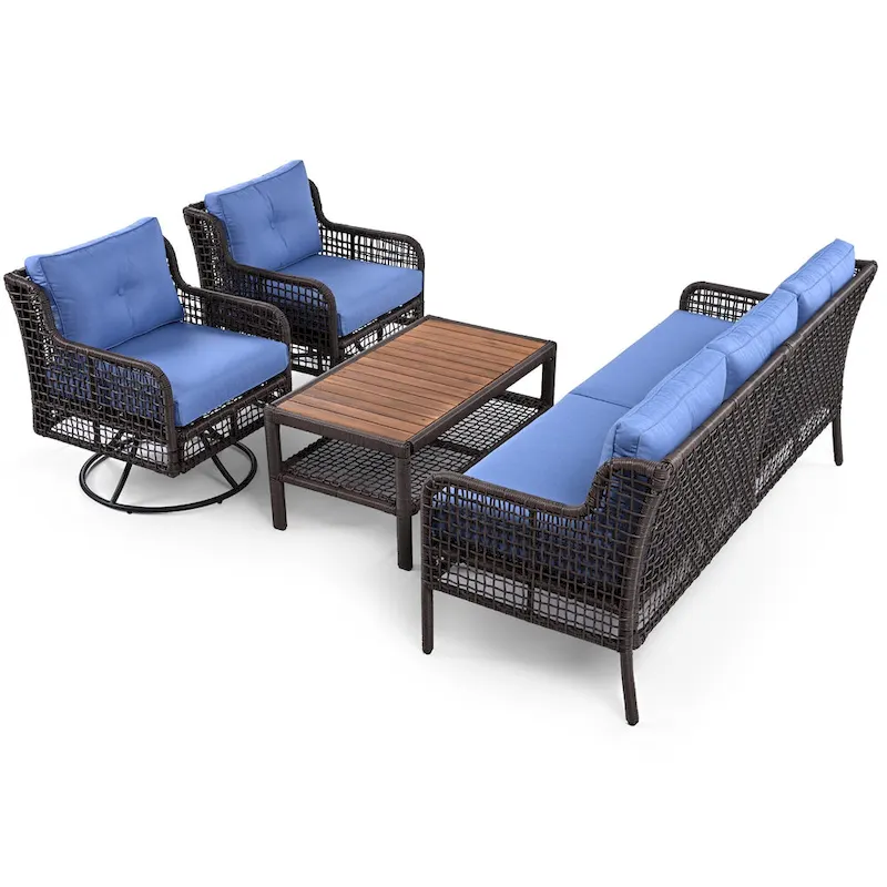 4-Piece Rattan Conversation Sofa Set with Swivel Chairs & Table
