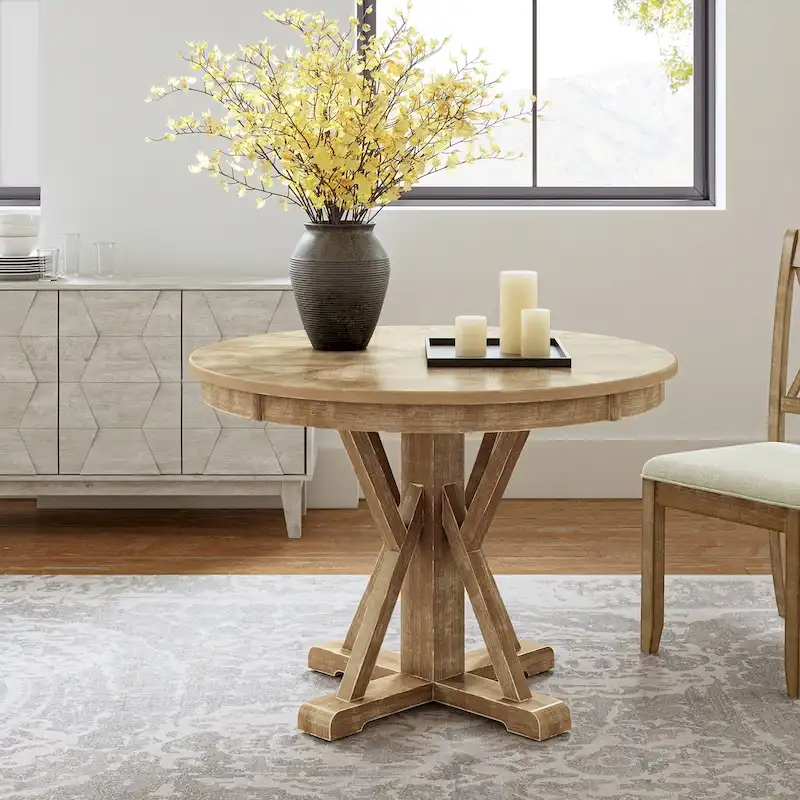 Felicia Farmhouse Natural Solid Wood Round Cross-buck Base Dining Table for 4 by