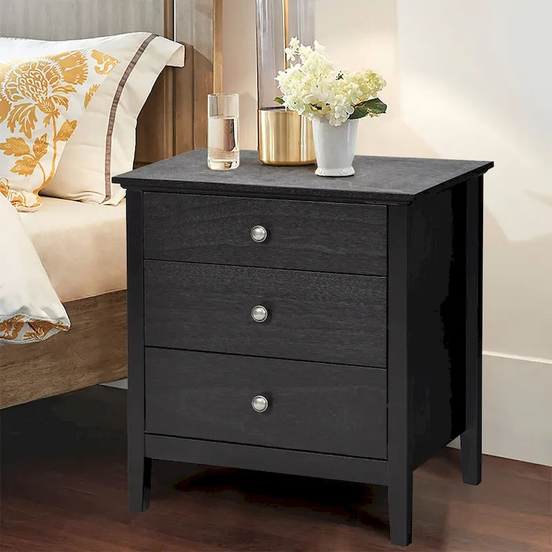 Modern Nightstand with 3 Drawers Solid Structure Beside Accent Table