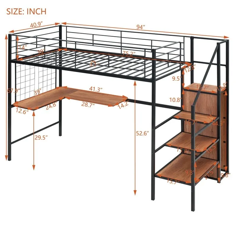 Twin Size Metal Loft Bed with Desk,Grid and Wardrobe