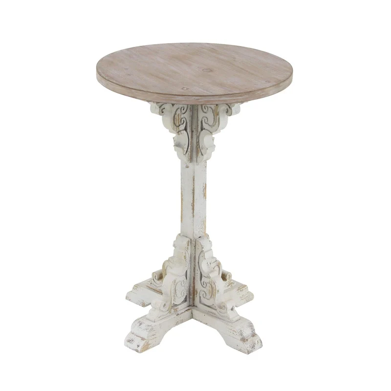Wood Scroll Intricately Carved Accent End Table, Rustic Brown Gray Cream Side Table