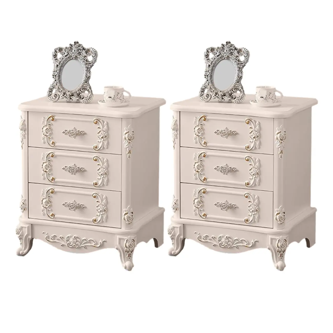 Traditional White Wood Carved 3-Drawer Nightstand