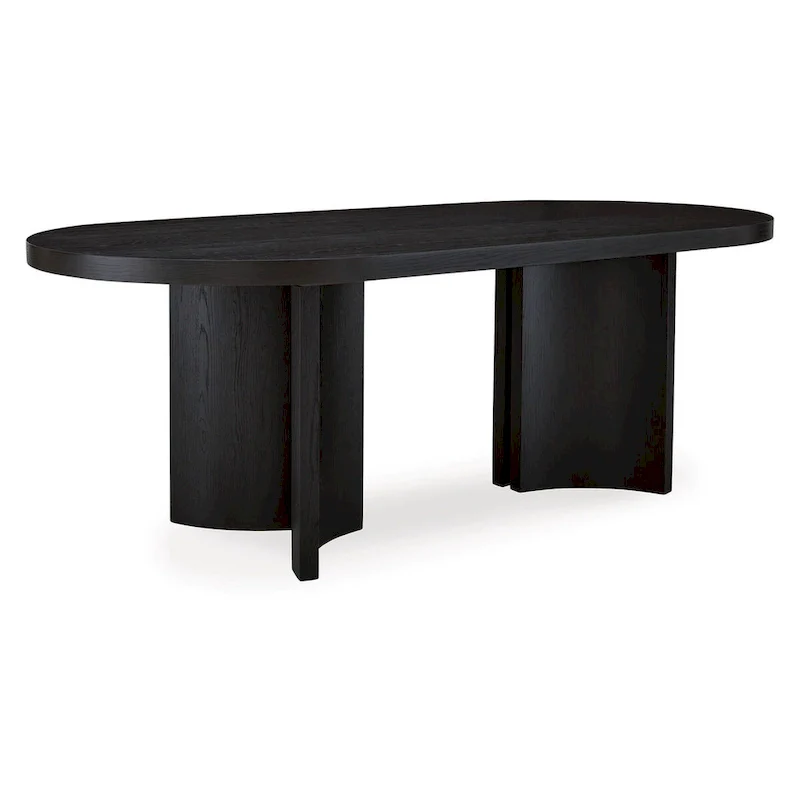 86 Inch Dining Table, Oval Top, Pedestal Base, Curved, Black Finish