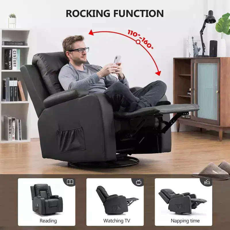 COMHOMA Side Lever Recliner Chair PU Leather Rocking Sofa with Heated Massage Black