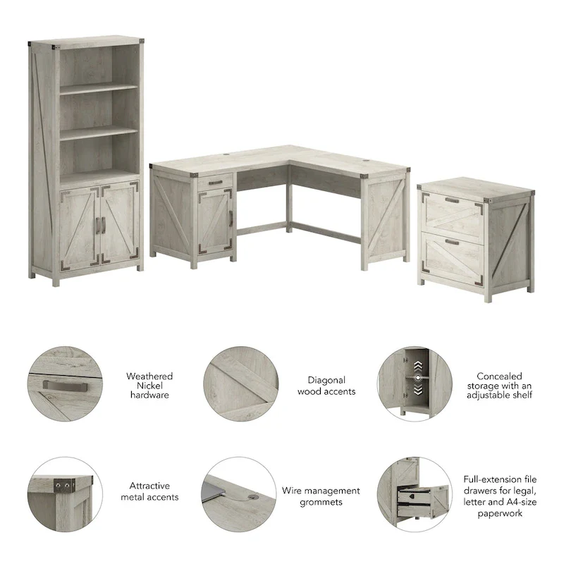 60W L-Desk with File Cabinet and Bookcase