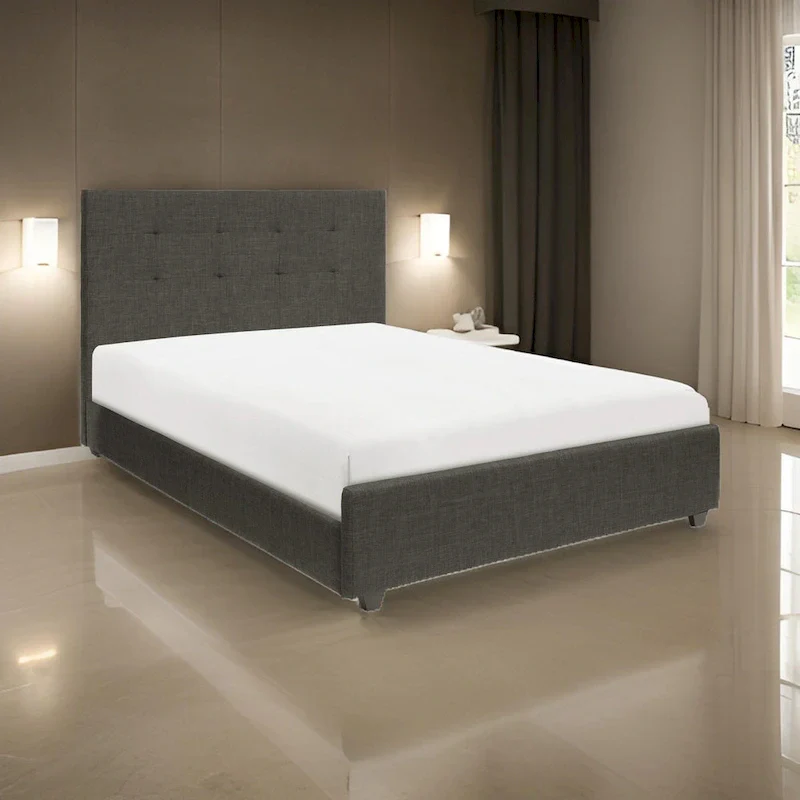 Cady King Size Platform Bed, Tufted Upholstered Headboard, Gray Solid Wood