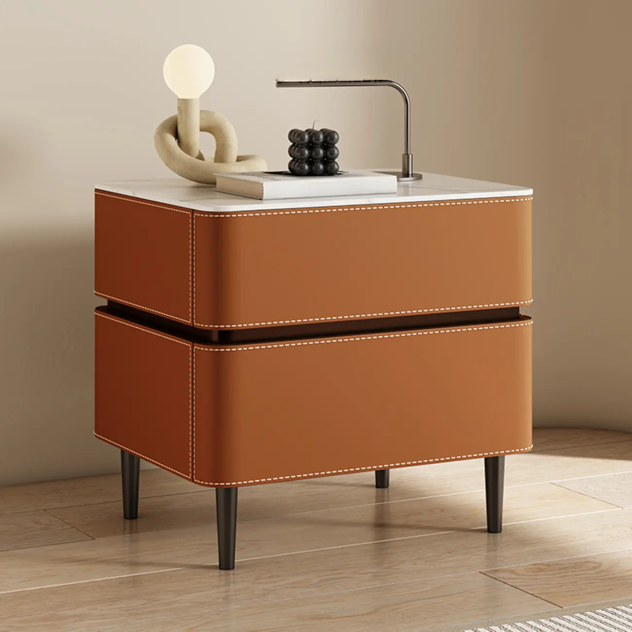 Modern Faux Marble Top Leather Rounded 2-Drawer Nightstand