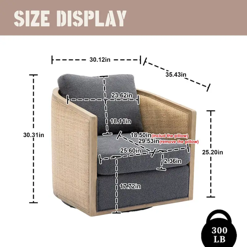 Boucle/Leather Upholstered 360 Degree Swivel Round Barrel Club Chair