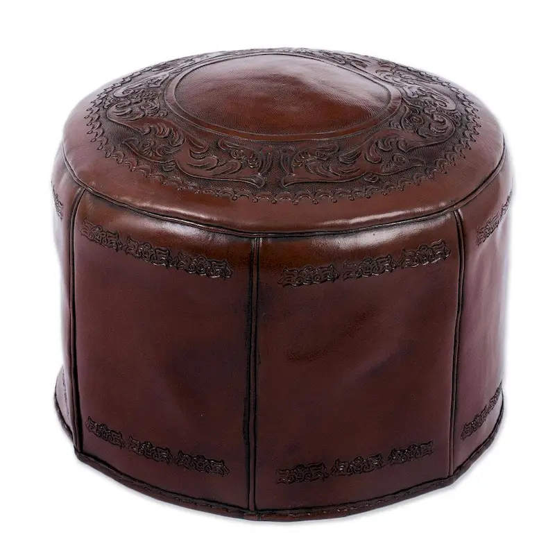 Handmade Spanish Elegance Tooled Leather Ottoman Pouf (Peru)
