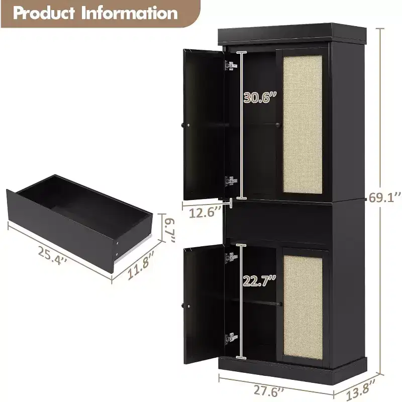 69 Tall Storage Cabinet with Rattan Doors & Adjustable Shelves, 4-Door Freestanding Cupboard with Drawer for Living Room, Home Office, Dining  Black