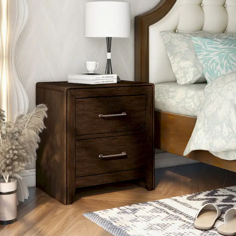 Transitional Walnut Solid Wood 2-Drawer Nightstand
