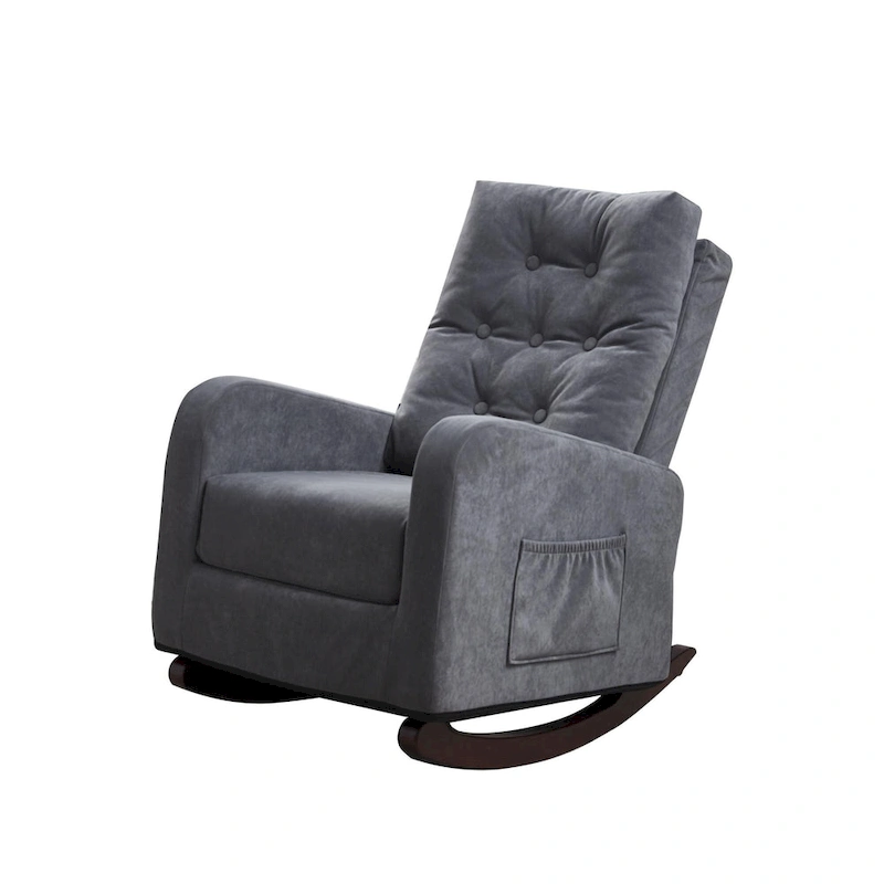Modern 28.74 High Back Upholstered Buttons Tufted Rocking Chair with Solid Wood Legs and Side Pocket