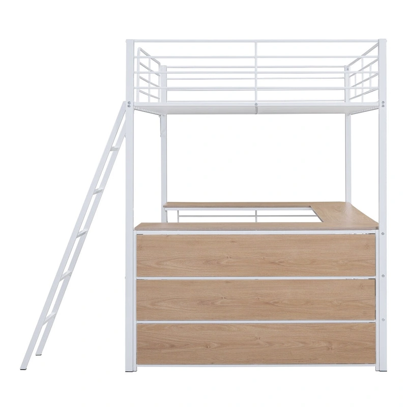 White Metal Loft Bed with L-shaped Desk and 3 Layers of Shelves, Reversible Ladder