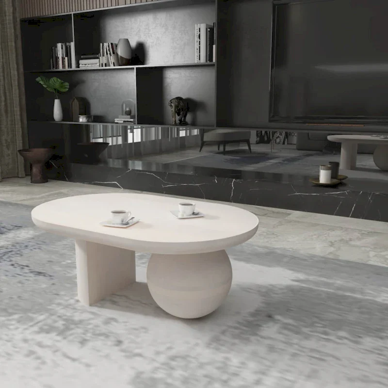 38 Inch Coffee Table, Oblong Mango Wood Top with a Modern Ball Leg