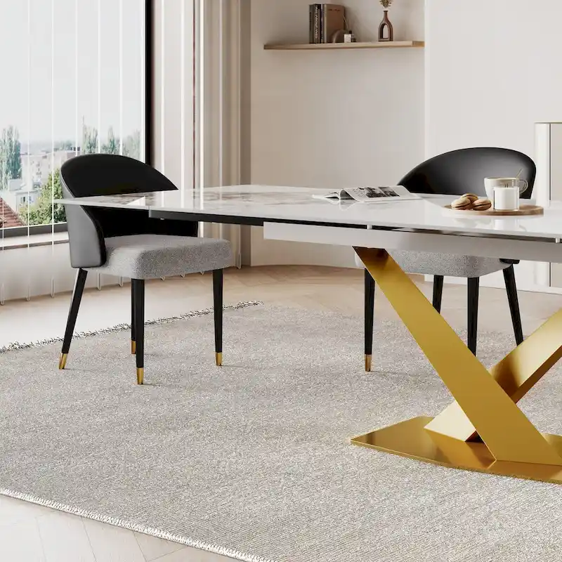 9 - Piece 94.48 Rectangular Extendable Sintered Stone Dining Table with 8 Faux leather Chairs Dining Set