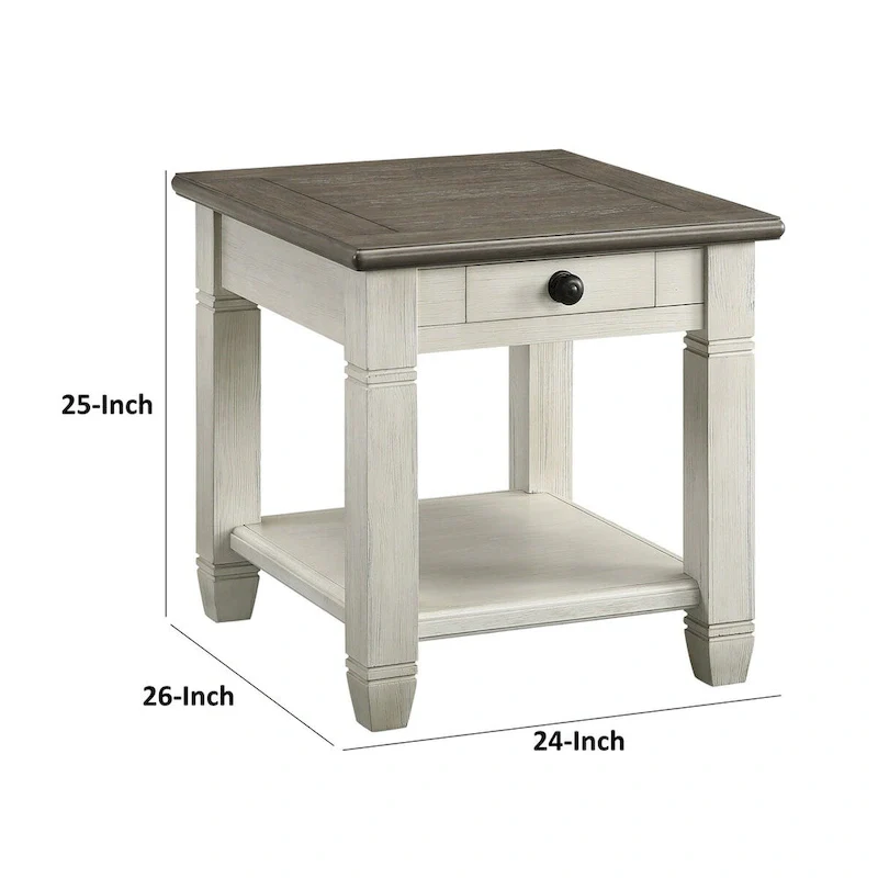 26 Inch Side End Table, Square, 1 Drawer, Brown, White, Solid Wood