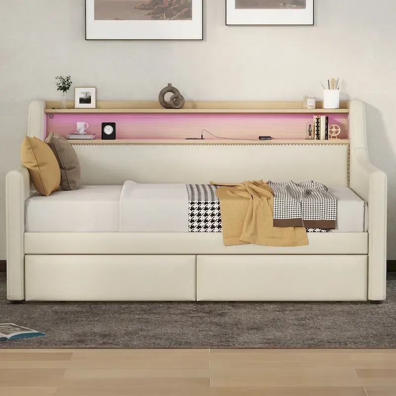Twin Size Upholstered Daybed with Storage and LED