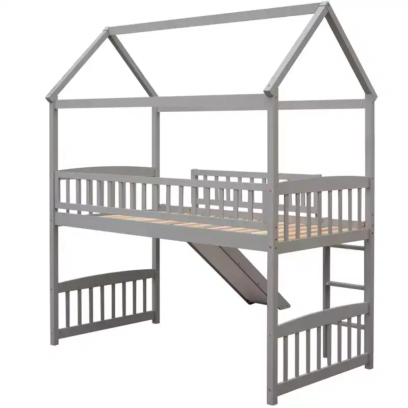 Twin House Loft Bed with Slide, Wood Playhouse Loft Bed Frame with Ladder and Roof