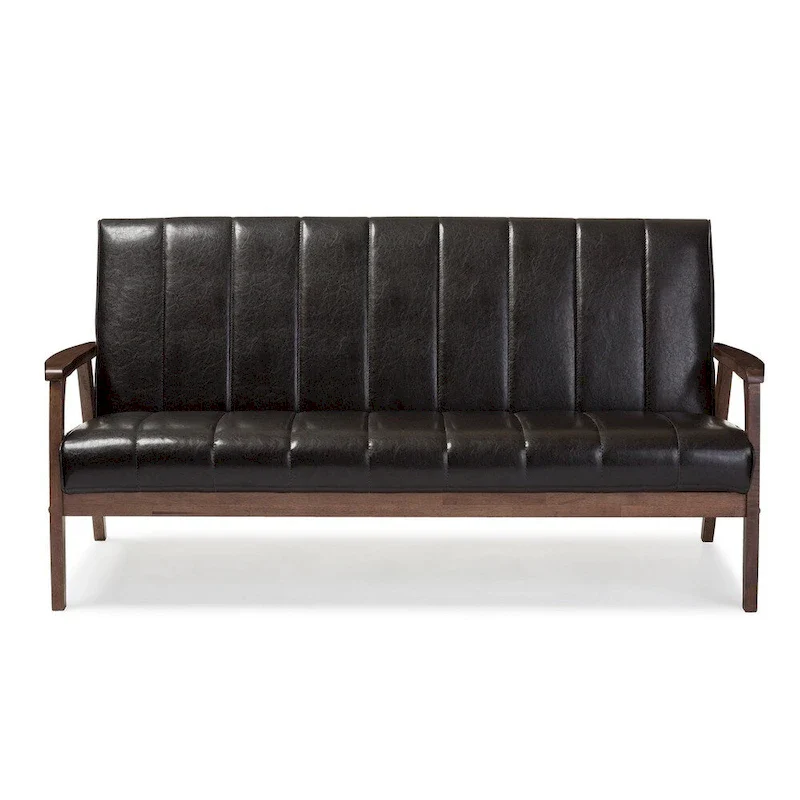Mid-Century Modern Sofa - Dark Brown Faux Leather, Rubberwood Frame, 3-Seater, 63.98W x 31.89H