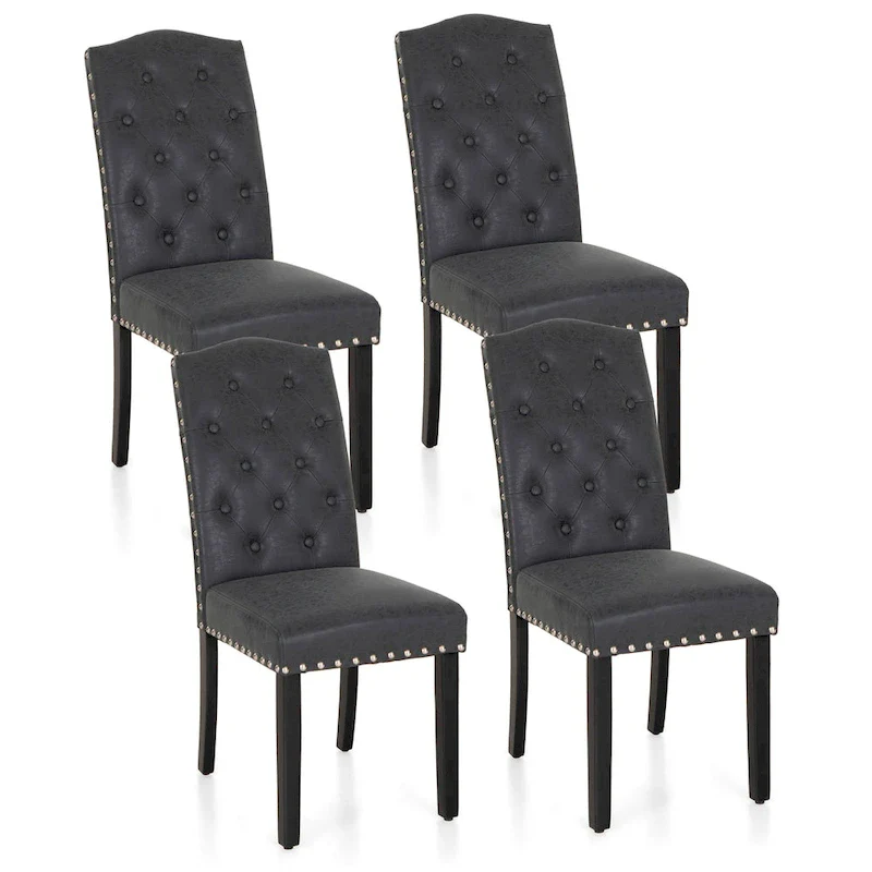 Set of 4 Upholstered Faux Leather/Fabric Dining Room Chairs with High Back and Solid Wood Legs