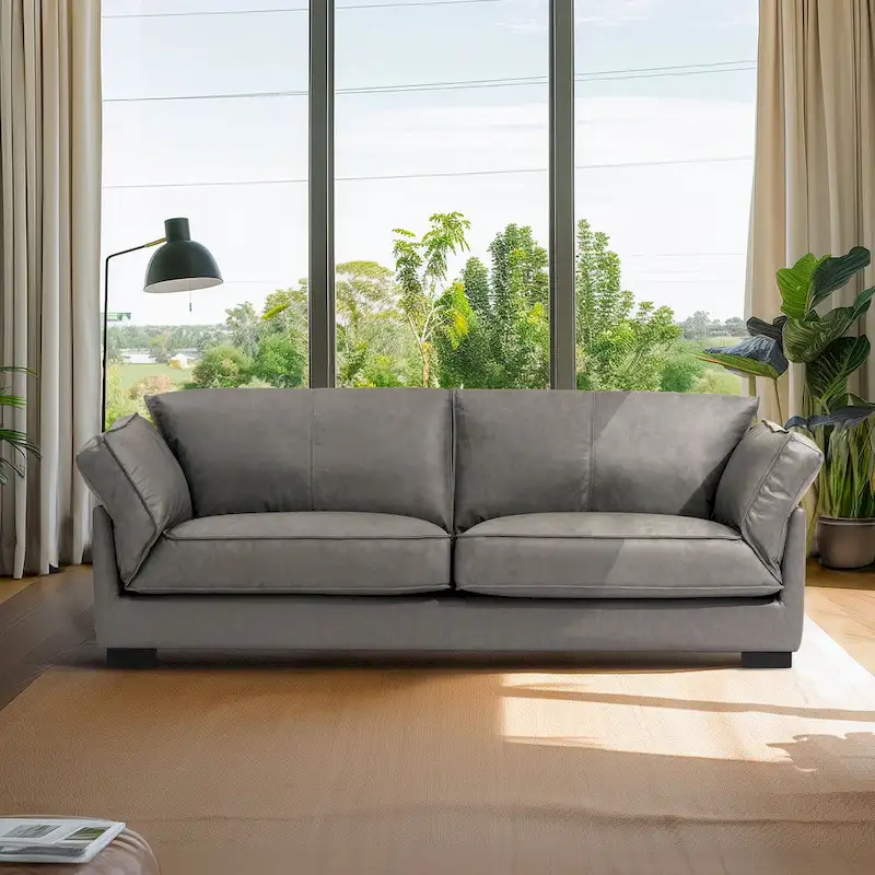 Mid-Century Modern 89.76 Inch Genuine Leather Sofa, 3-Seater Couch for Living Room, Bedroom, Office - Graphite