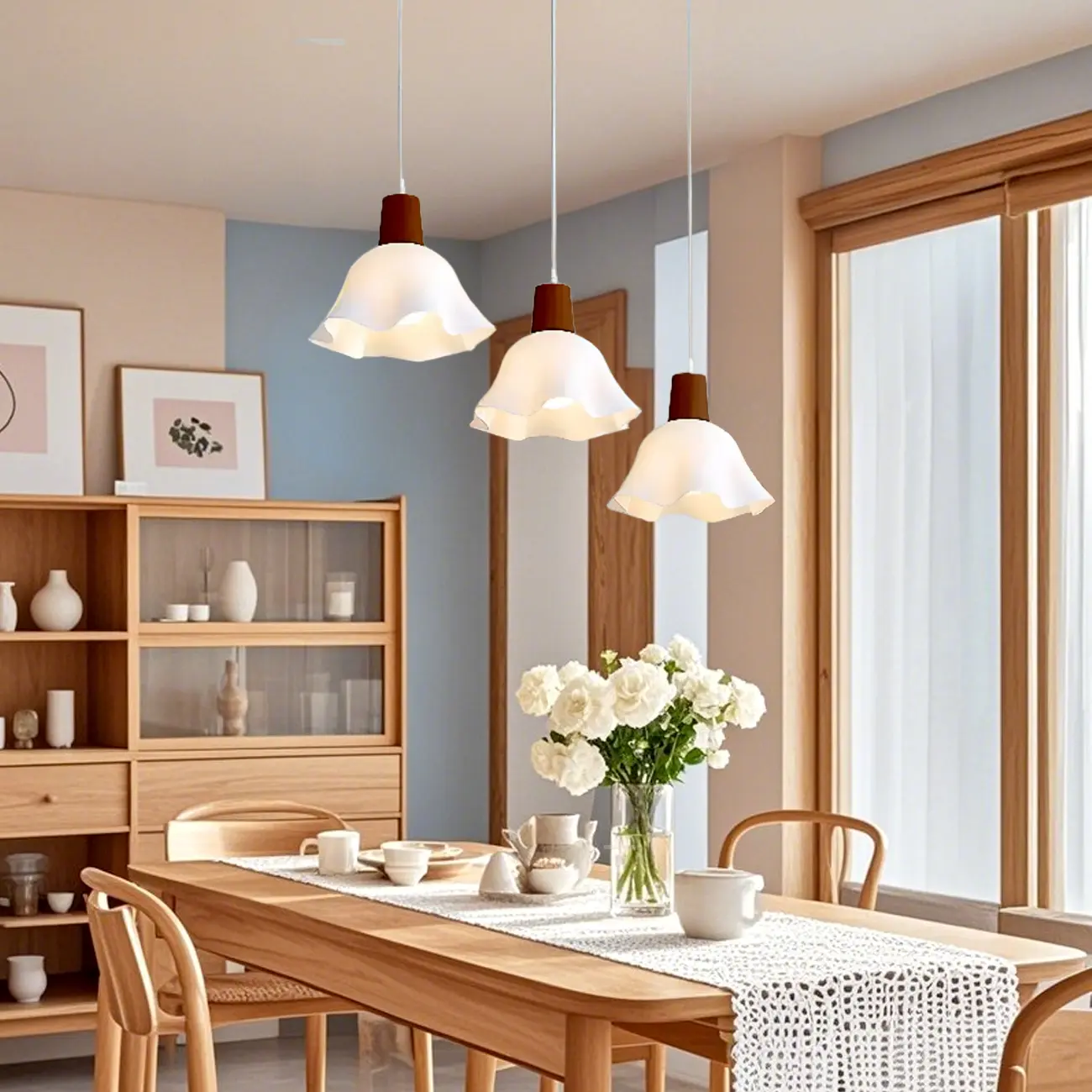 3 Lights Elegant Wooden Island Light with Acrylic Flower Shade