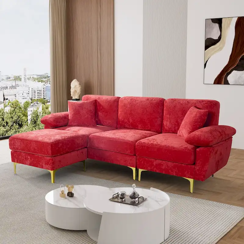 Ouyessir 2-Pieces Upholstered Velvet Sectional Sofa with 2 Pillows & Ottoman