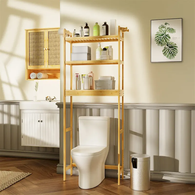Over Toilet Shelf Space-saving Bamboo Bathroom Cabinet Rack Adjustable