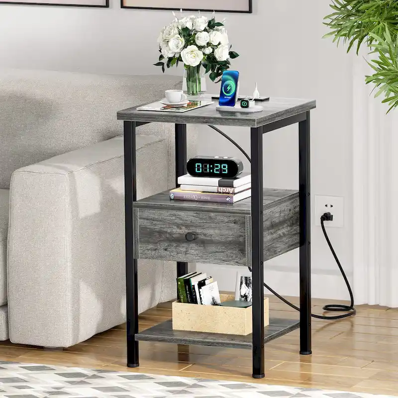2-piece Farmhouse Wood End Table Drawers Nightstand with Charge Station - Set of 2
