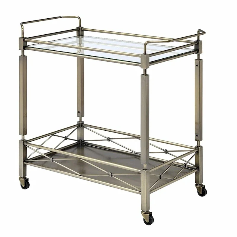 Two Tiered Metal Serving Cart with Glass Shelves and Side Rails, Antique Gold - 29.92 H x 16.14 W x 31.5 L Inches