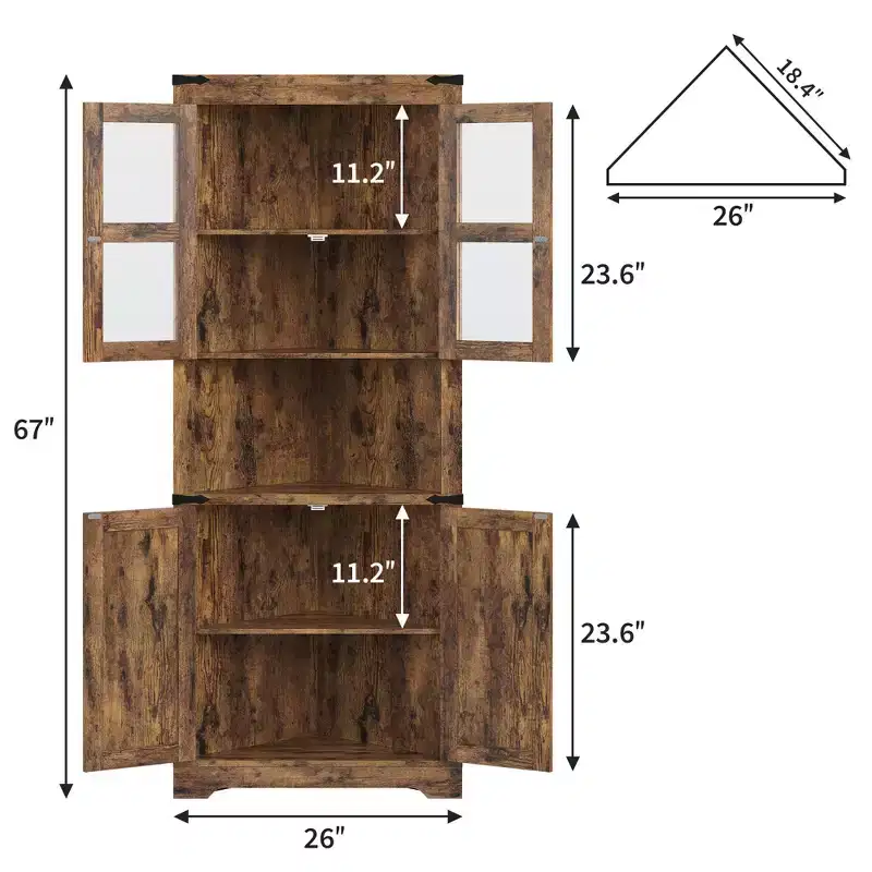 67 Tall Corner Storage Cabinet with Lights, Farmhouse Corner Hutch Display Cabinet with Glass Doors, Wooden Storage Organizer for Living Room