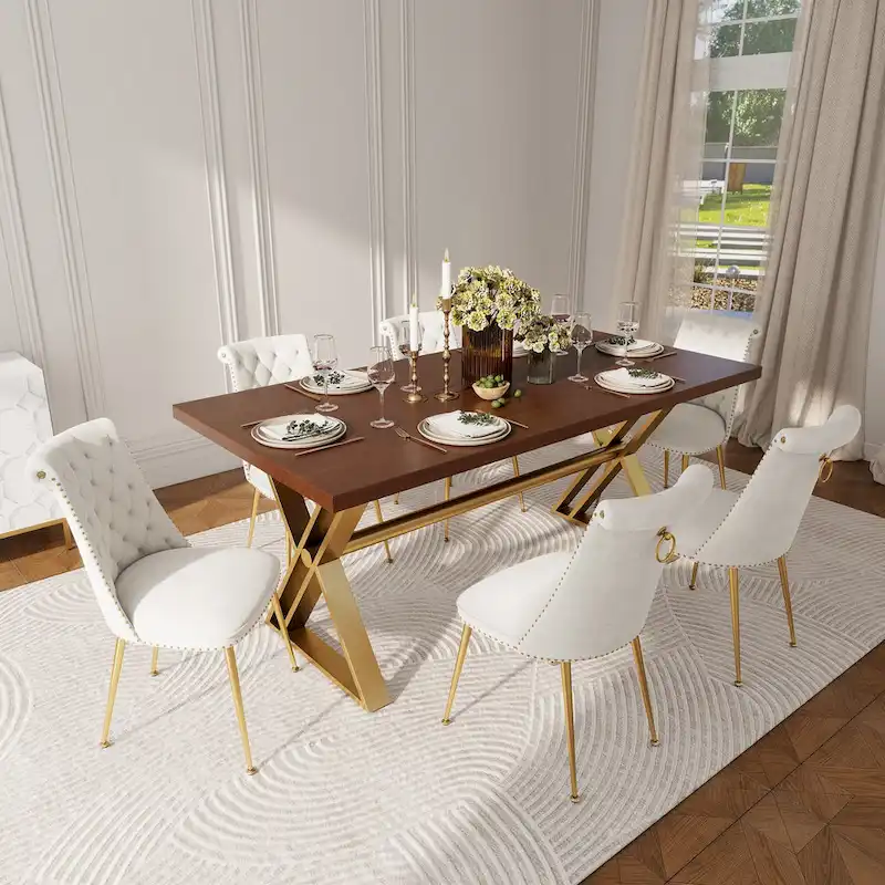 7-Piece  Walut Wood Dining Table with Velvet Chair Dining Chair