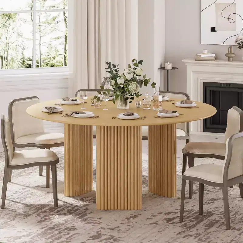 PexFix 60 Modern Round Dining Table with Striped Column Legs Solid Wood Kitchen Table Anti-Scratch Footpads for Dining Room & Kitchen Bar in Natural