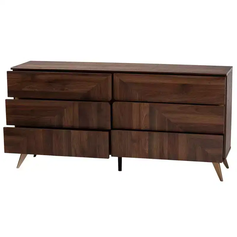 6-Drawer Mid-Century Dresser – Walnut Brown & Gold, Geometric Grain, Angled Legs