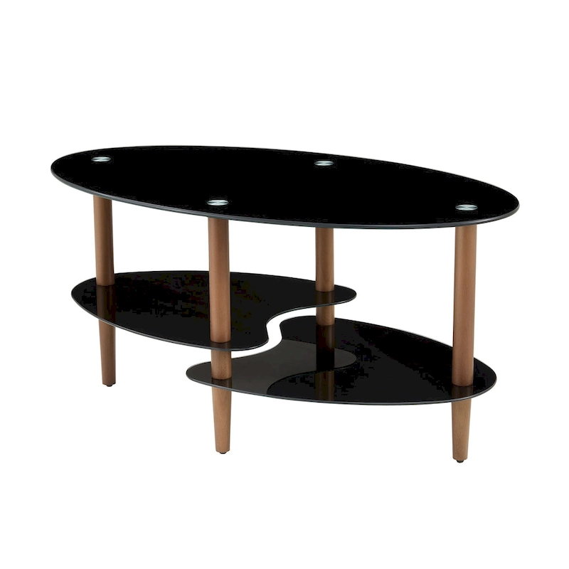 Oval glass coffee table, Transparent coffee table, modern table in living room with Oak wood legs, tea table