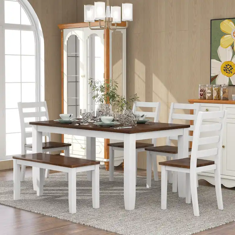 Rustic Style 6-Piece Dining Room Table Set with 4 Upholstered Chairs & a Bench
