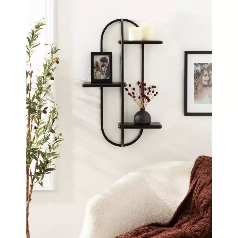 3-Tier Arched Floating Wall Shelf – Black Metal & Wood, 18x5.5x30 in