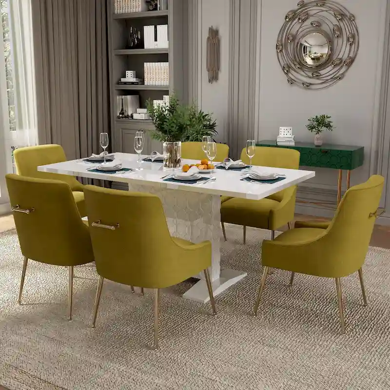 7-Piece Clihome High-gloss Extendable Table Velvet Chair Dining Set