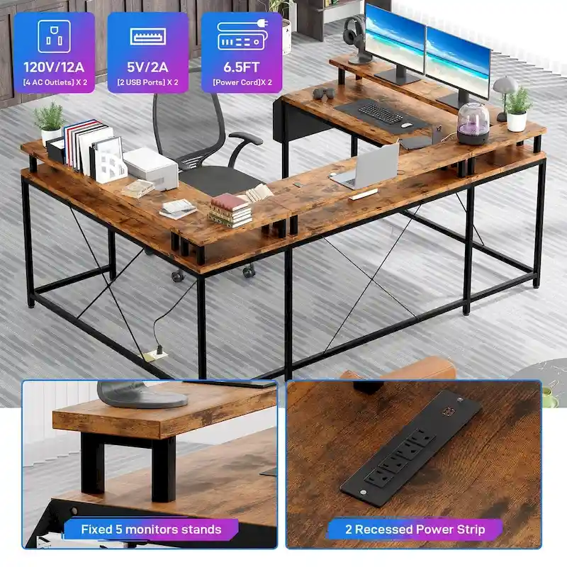 Reversible Shaped Large Computer Desk with Power Outlets