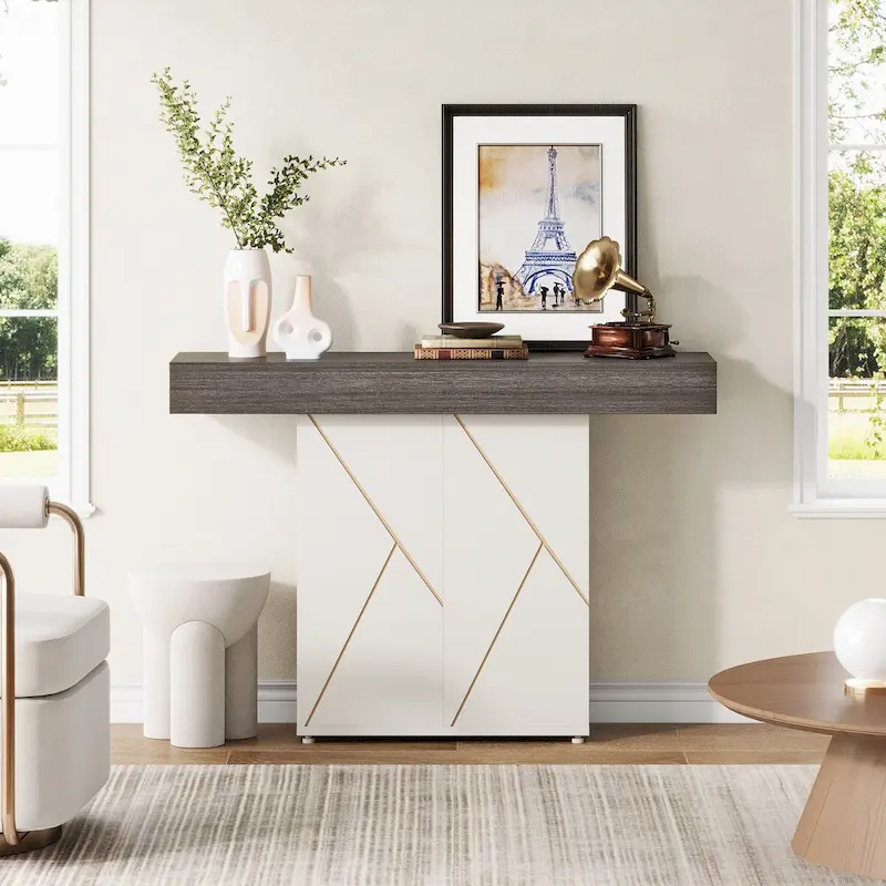 43.3 Farmhouse Pedestal Console Table, Sofa Table For Living Room, Entry Table For Entryway, Narrow Desk