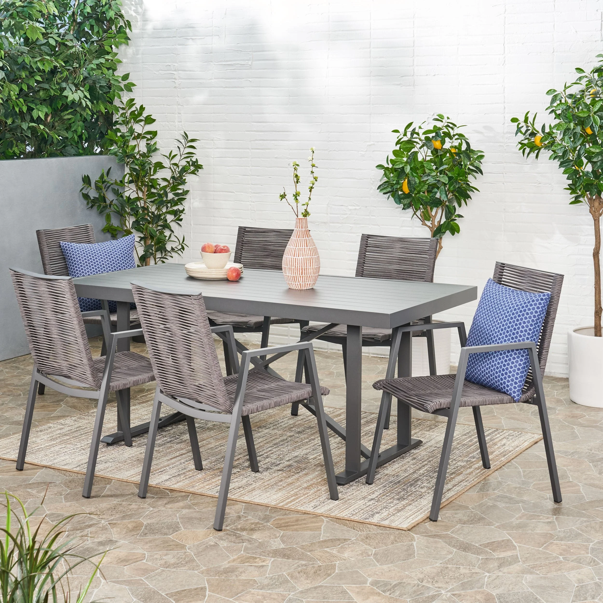 Outdoor Modern Industrial Aluminum 7 Piece Dining Set with Rope Seating - NH605313