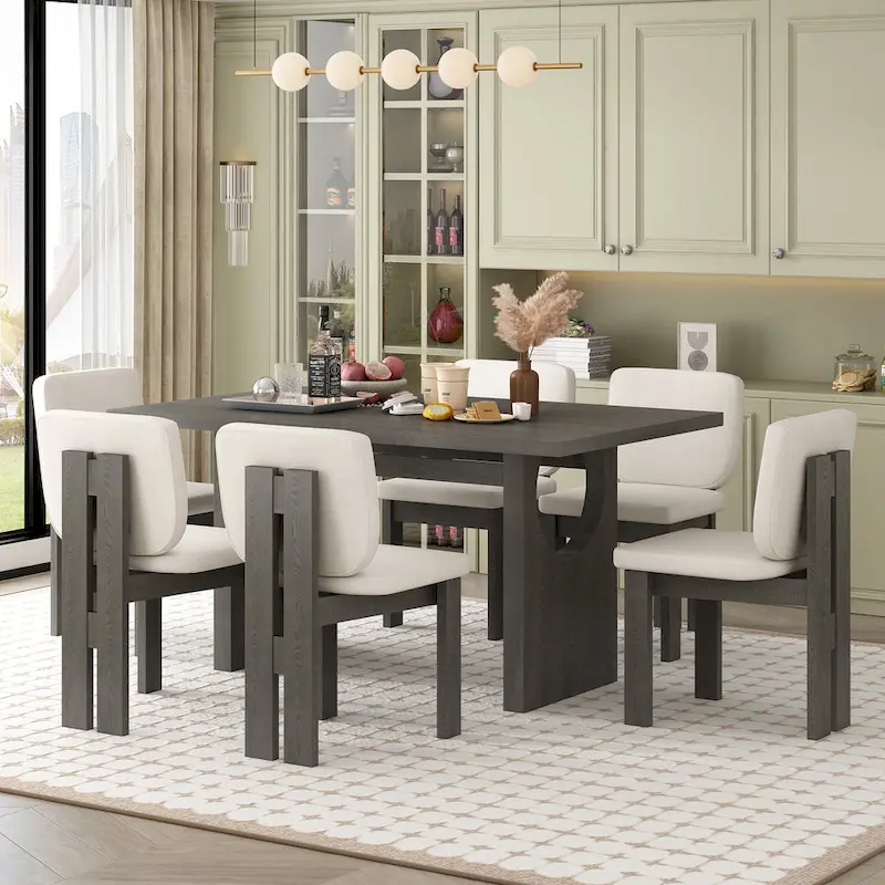 7 Piece Dining Table Set, Solid Wood Kitchen Table Set with Rectangular Table, Designed Trestle Base and 6 Upholstered Chairs