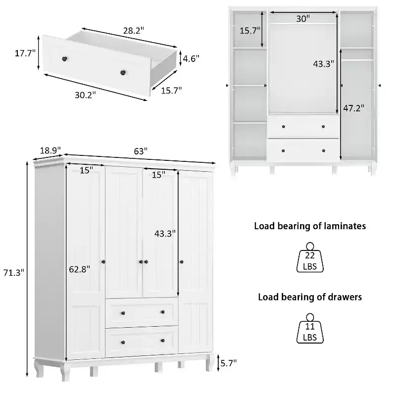 Famapy White Freestanding Wood Armoire With Drawers and Hanging Rods