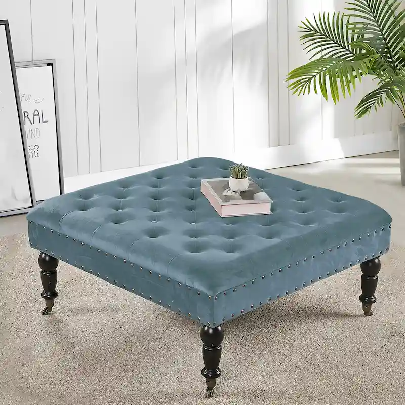 Button-Tufted Round Ottoman – 33 x 33 x 18 Inch