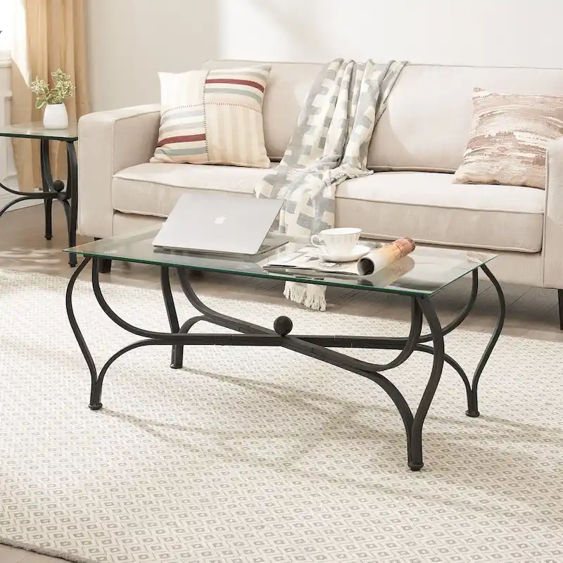 3-Piece Tempered Glass Coffee Table Set - Rustic Black Metal Frame