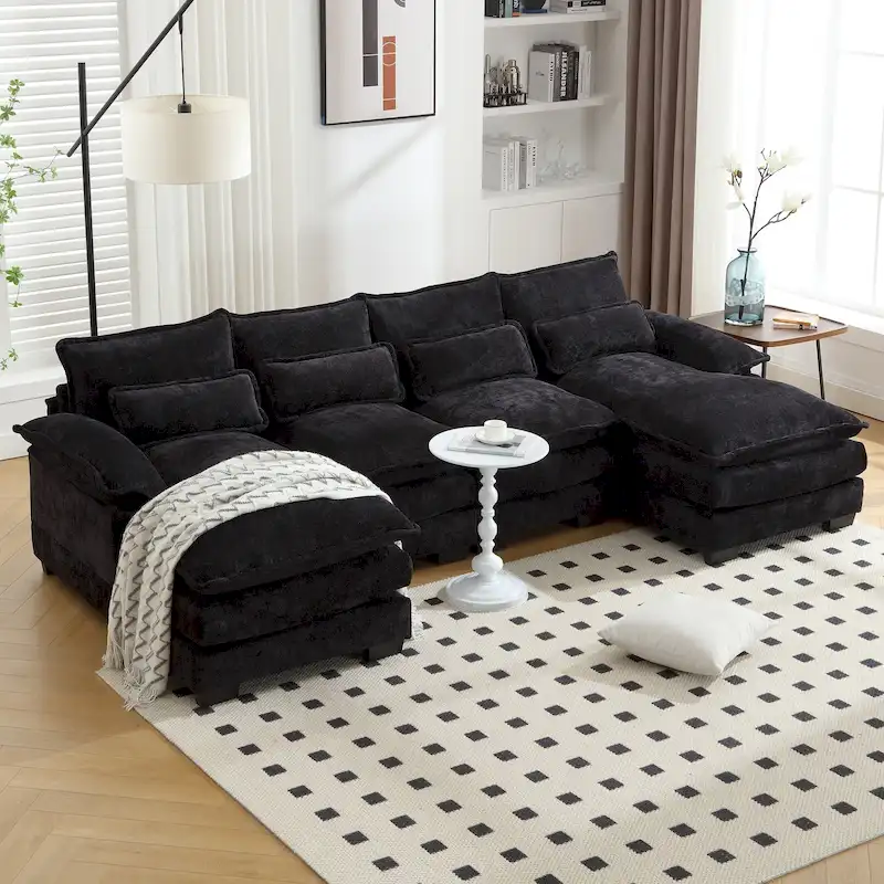 Chenille Upholstered U-Shaped Living Room Sectional Sofa With Wooden Legs
