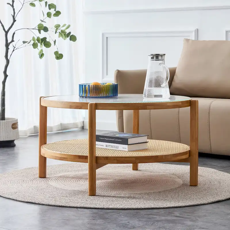 Circular double-layer solid wood tea table
