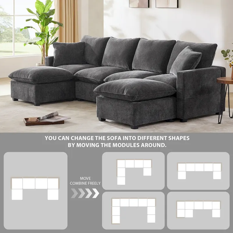 U Shape Modular Sofa, 6 Seat Chenille Deep Seat Sectional Couch